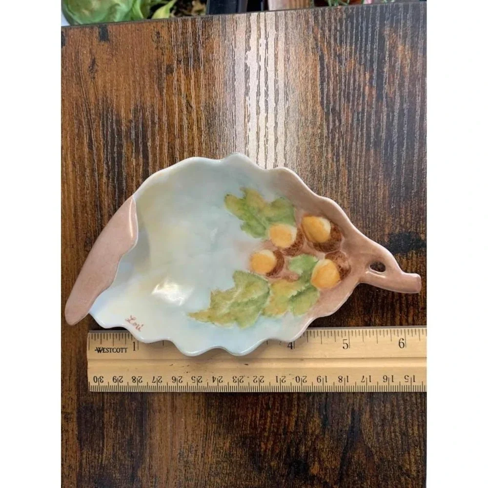 Vintage Hand Painted Ceramic Oak Leaf Trinket Dish Acorn Nut Bowl Decor Vintage
